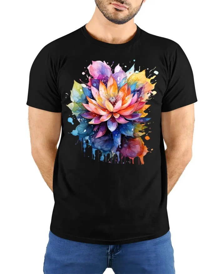 Psychedelic Lotus Flower T-Shirt Bold Botanical Design - model wearing black shirt, hands behind back