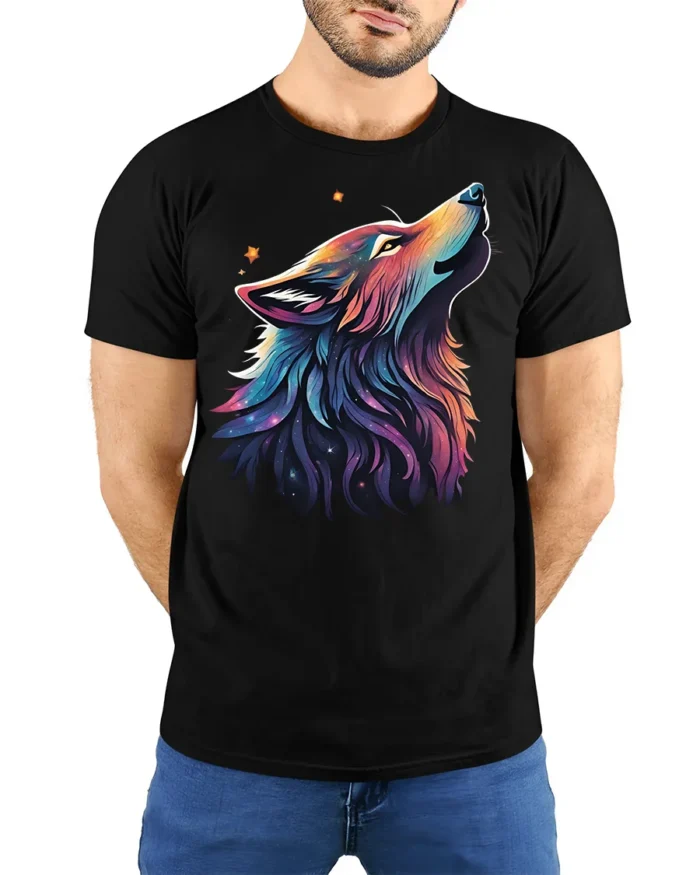 Galaxy Wolf Spirit T-Shirt Vibrant Cosmic Animal Tee - model wearing black shirt, hands behind back