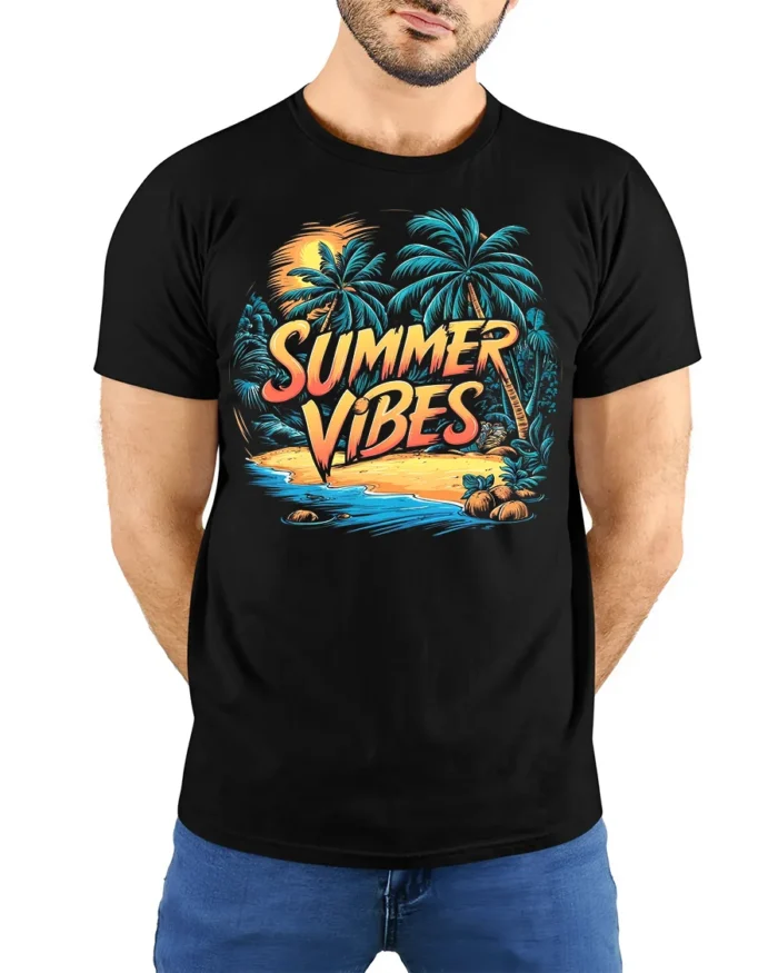 Summer Vibes T-Shirt Retro Beach Palm Sunset Graphic Tee - model wearing black shirt, hands behind back