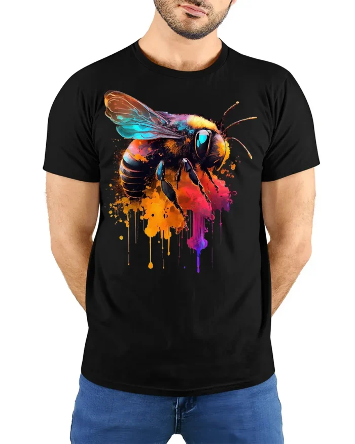 Abstract Bee Graphic T-Shirt Bold Colorful Design - model wearing black shirt, hands behind back