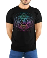 Om Symbol Yoga T-Shirt Colorful Sacred Design Tee - model wearing black shirt, hands behind back