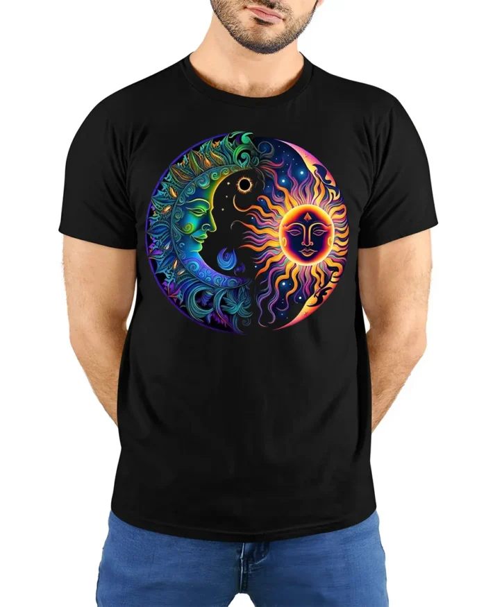 Celestial Energy T-Shirt Sun Moon Mandala Print Shirt - model wearing black shirt, hands behind back