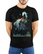 Steampunk Skeleton Horse T-Shirt Fantasy Dark Art Tee - model wearing black shirt, hands behind back