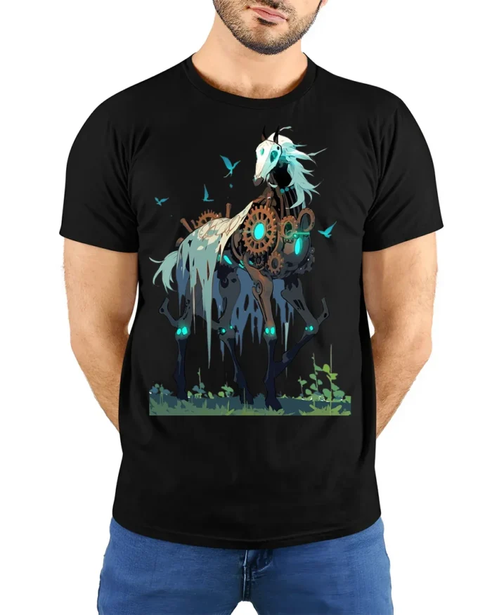 Steampunk Skeleton Horse T-Shirt Fantasy Dark Art Tee - model wearing black shirt, hands behind back