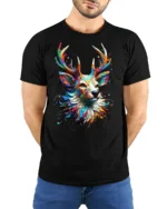 Psychedelic Deer T-Shirt Bold Colorful Nature Shirt - model wearing black shirt, hands behind back