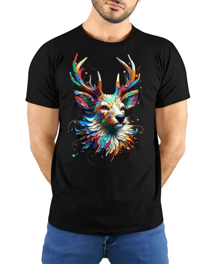 Psychedelic Deer T-Shirt Bold Colorful Nature Shirt - model wearing black shirt, hands behind back