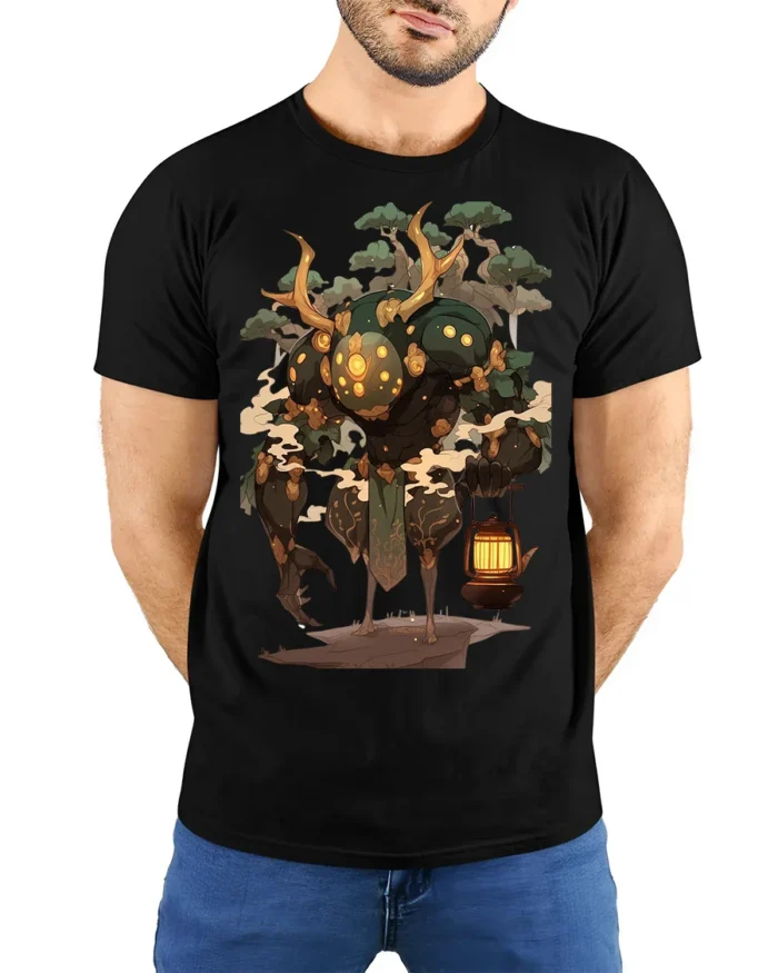 Forest Guardian T-Shirt Mythical Tree Spirit Graphic Tee - model wearing black shirt, hands behind back