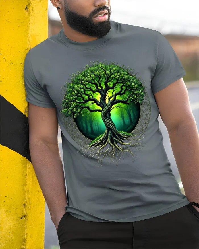 Tree of Life Nature Forest Graphic T-Shirt Eco Style - model in grey shirt leaning against column