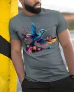 Vibrant Hummingbird T-Shirt Colorful Floral Bird Tee - model in grey shirt leaning against column