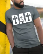 Christian Dad T-Shirt with Cross and Crown of Thorns Print - model in grey shirt leaning against column