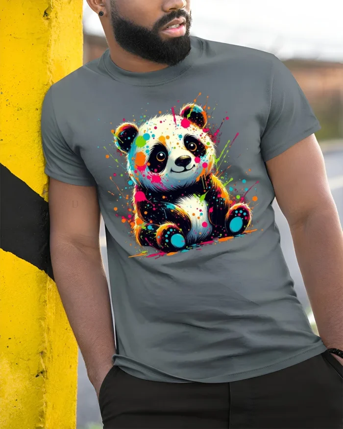 Neon Paint Splash Panda T-Shirt Vibrant Animal Art Tee - model in grey shirt leaning against column