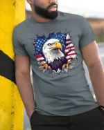 American Eagle Flag T-Shirt Patriotic USA Graphic Tee - model in grey shirt leaning against column