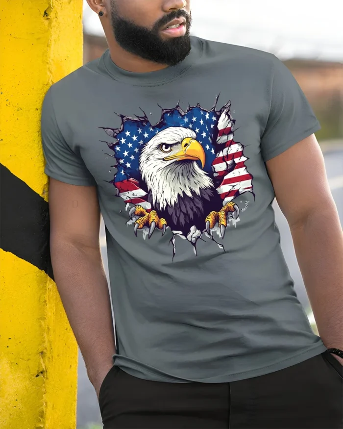 American Eagle Flag T-Shirt Patriotic USA Graphic Tee - model in grey shirt leaning against column