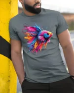 Color Splash Betta Fish T-Shirt Artistic Aquatic Tee - model in grey shirt leaning against column
