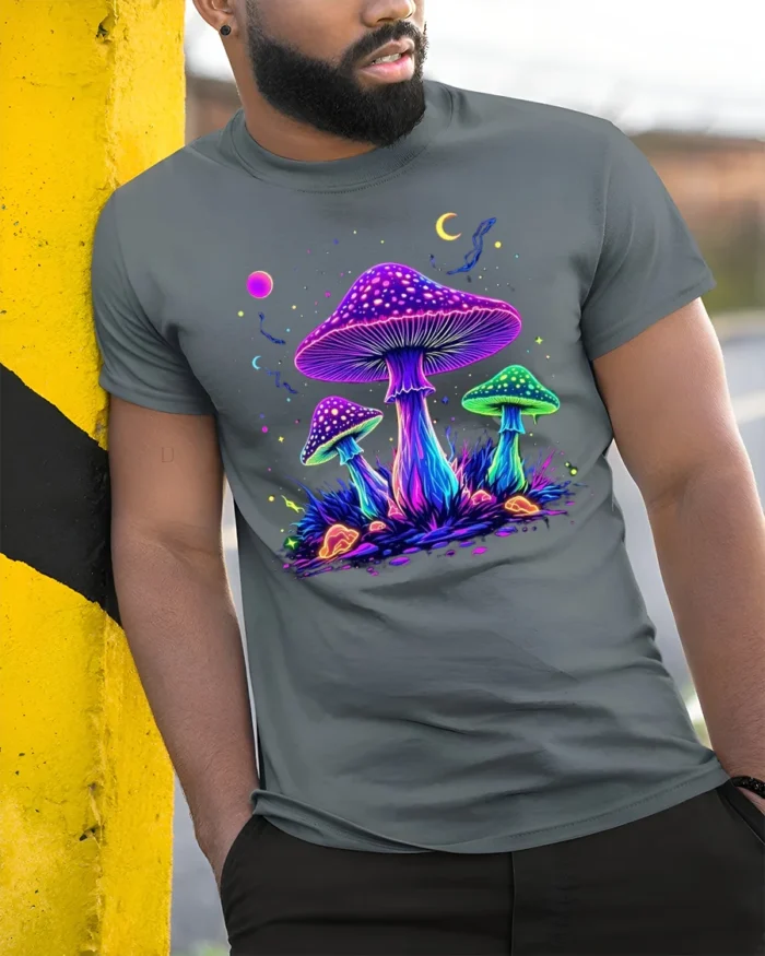Psychedelic Glow Mushroom T-Shirt Trippy Nature Tee USA - model in grey shirt leaning against column