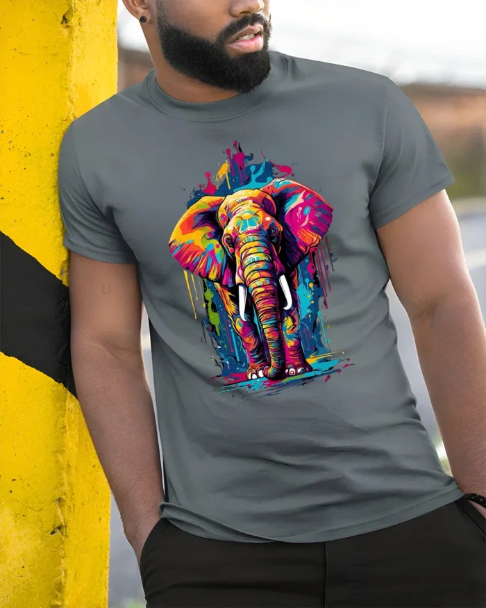 Colorful Elephant Graphic T-Shirt Artistic Safari Style - model in grey shirt leaning against column