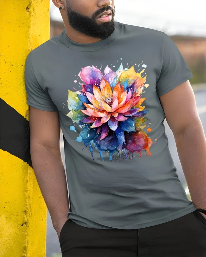 Psychedelic Lotus Flower T-Shirt Bold Botanical Design - model in grey shirt leaning against column