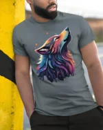 Galaxy Wolf Spirit T-Shirt Vibrant Cosmic Animal Tee - model in grey shirt leaning against column
