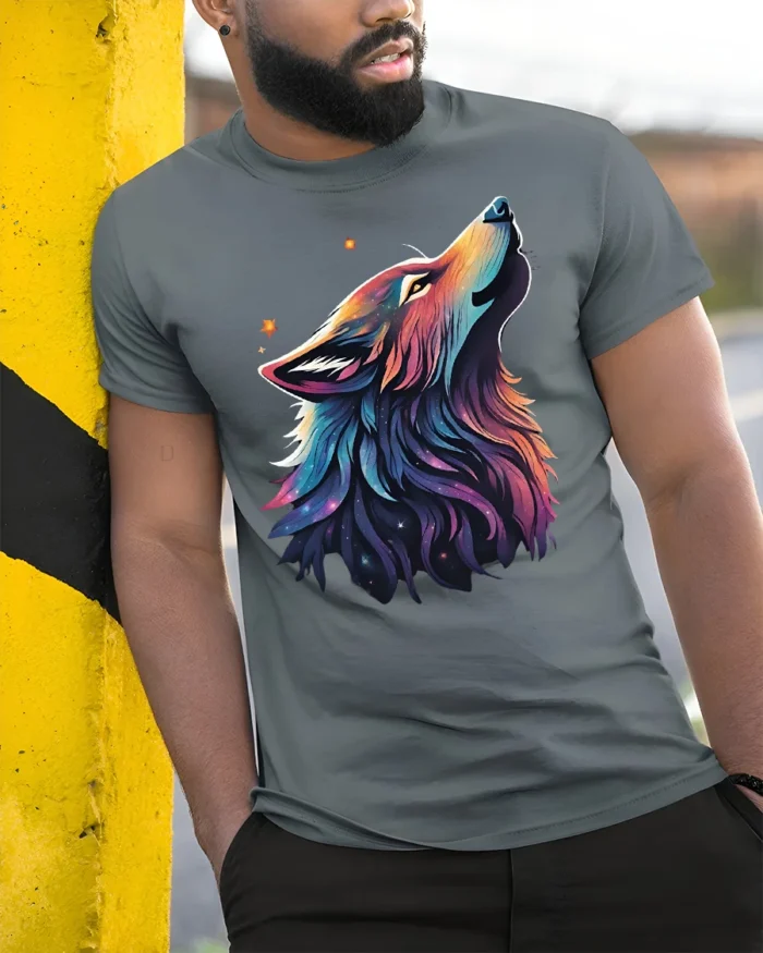 Galaxy Wolf Spirit T-Shirt Vibrant Cosmic Animal Tee - model in grey shirt leaning against column