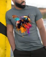 Abstract Bee Graphic T-Shirt Bold Colorful Design - model in grey shirt leaning against column