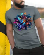Hummingbird Flower T-Shirt Colorful Nature Art Tee - model in grey shirt leaning against column