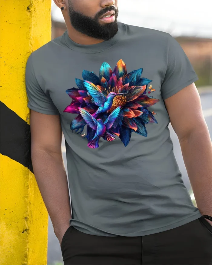 Hummingbird Flower T-Shirt Colorful Nature Art Tee - model in grey shirt leaning against column