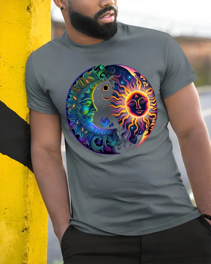 Celestial Energy T-Shirt Sun Moon Mandala Print Shirt - model in grey shirt leaning against column