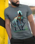 Steampunk Skeleton Horse T-Shirt Fantasy Dark Art Tee - model in grey shirt leaning against column