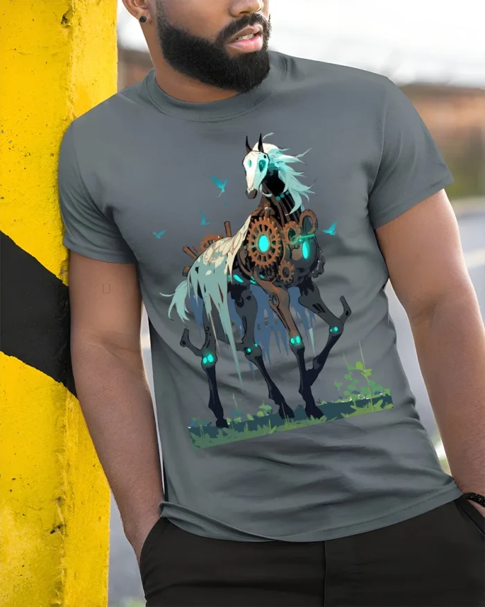 Steampunk Skeleton Horse T-Shirt Fantasy Dark Art Tee - model in grey shirt leaning against column
