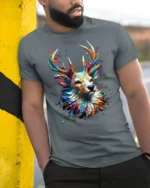 Psychedelic Deer T-Shirt Bold Colorful Nature Shirt - model in grey shirt leaning against column