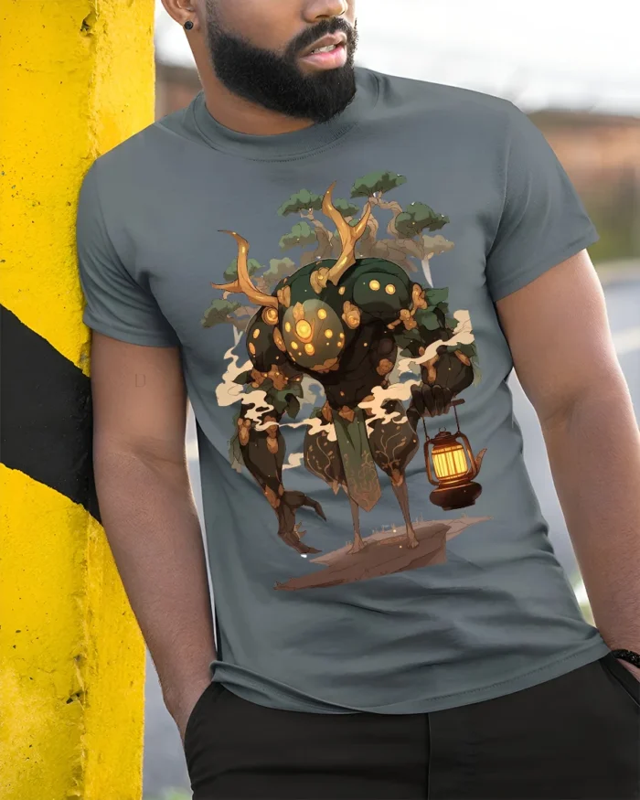 Forest Guardian T-Shirt Mythical Tree Spirit Graphic Tee - model in grey shirt leaning against column