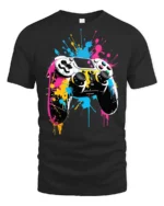 Vibrant Gamer T-Shirt with Splatter Art Controller Print - black t-shirt on white background