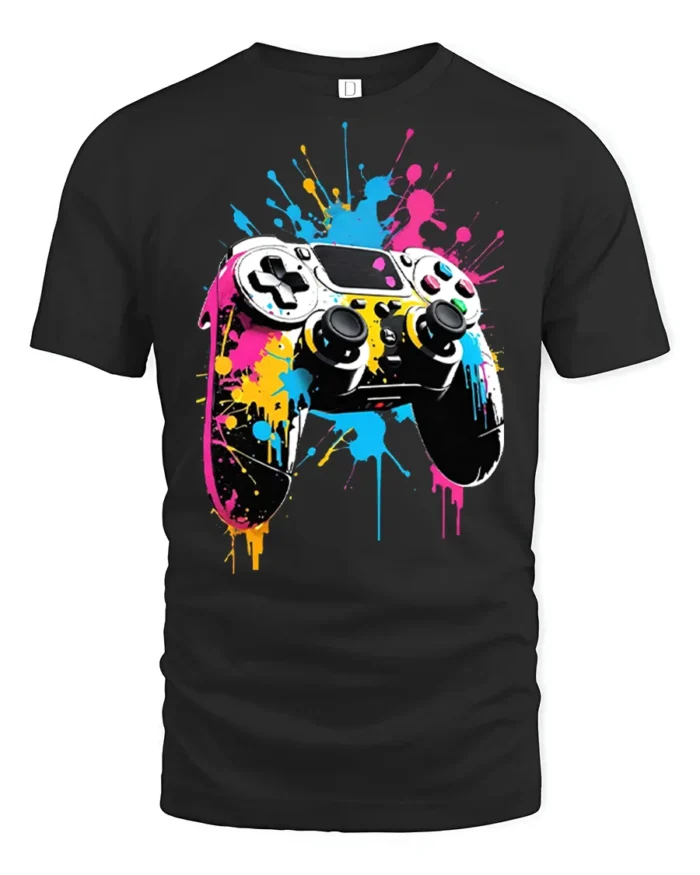 Vibrant Gamer T-Shirt with Splatter Art Controller Print - black t-shirt on white background