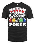 Ladies Queen of Poker T-Shirt with Chips and Card - black t-shirt on white background