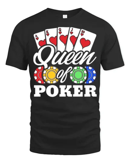 Ladies Queen of Poker T-Shirt with Chips and Card - black t-shirt on white background