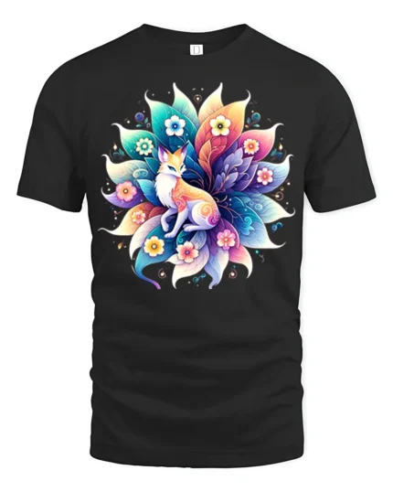 Vibrant Fox and Flowers T-Shirt Mystical Nature Art - black t-shirt on white background