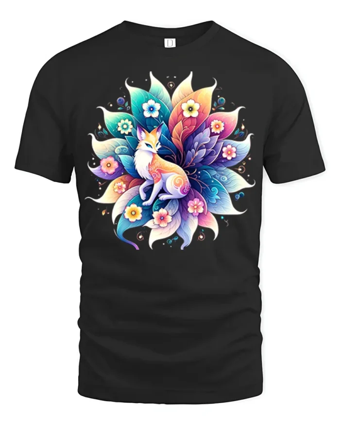 Vibrant Fox and Flowers T-Shirt Mystical Nature Art - black t-shirt on white background