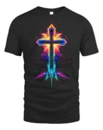 Neon Flame Cross T-Shirt Christian Faith Graphic Tee - black t-shirt on white background