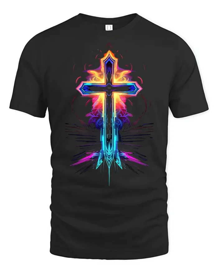 Neon Flame Cross T-Shirt Christian Faith Graphic Tee - black t-shirt on white background