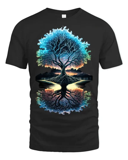 Tree of Life Reflection T-Shirt Cosmic Nature Graphic Tee - black t-shirt on white background