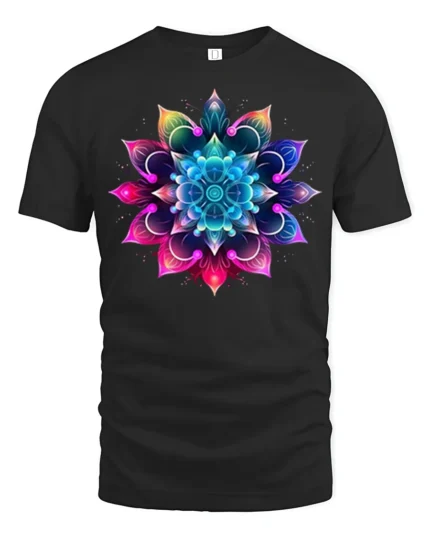 Vibrant Mandala Flower T-Shirt Spiritual Art Tee - black t-shirt on white background