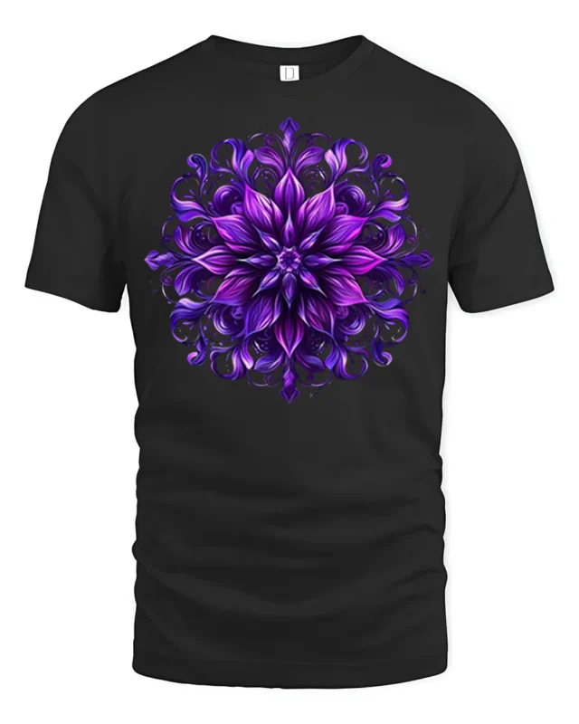 Psychedelic Floral Mandala T-Shirt  Artistic Zen Style - black t-shirt on white background