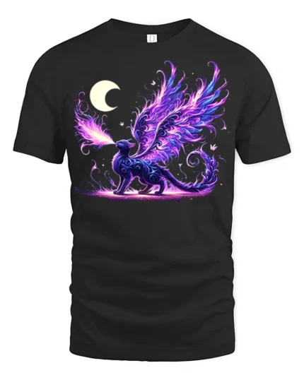 Enchanted Dragon Cat T-Shirt Moon and Magic Flame Design - black t-shirt on white background