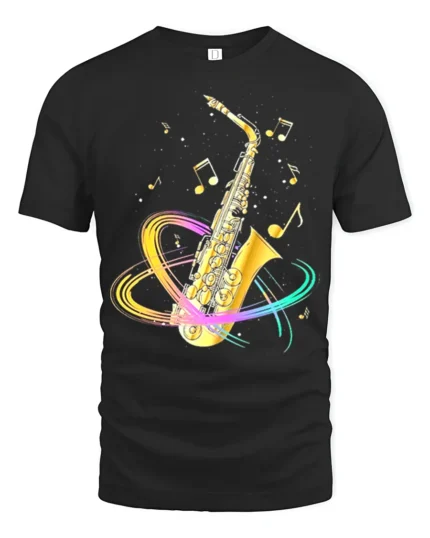Colorful Saxophone T-Shirt Musical Jazz Notes Graphic Tee - black t-shirt on white background