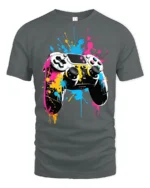 Vibrant Gamer T-Shirt with Splatter Art Controller Print - gray t-shirt on white background