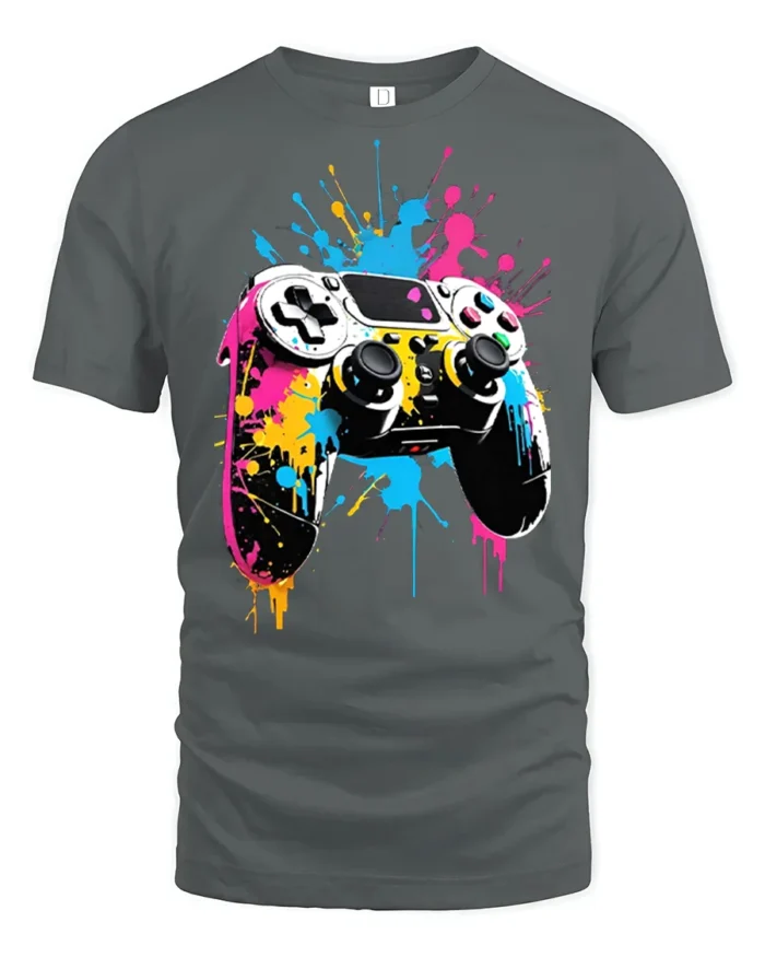 Vibrant Gamer T-Shirt with Splatter Art Controller Print - gray t-shirt on white background