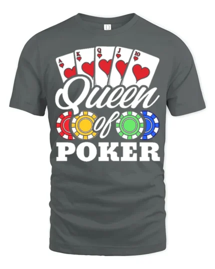 Ladies Queen of Poker T-Shirt with Chips and Card - gray t-shirt on white background