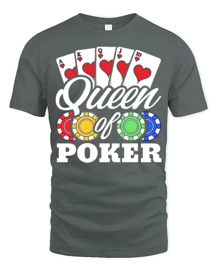 Ladies Queen of Poker T-Shirt with Chips and Card - gray t-shirt on white background