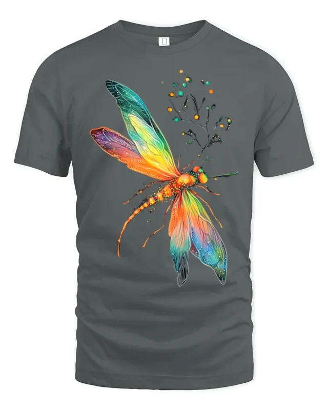 Rainbow Dragonfly T-Shirt Colorful Nature Insect Design - gray t-shirt on white background