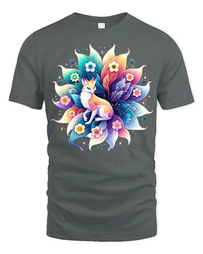 Vibrant Fox and Flowers T-Shirt Mystical Nature Art - gray t-shirt on white background